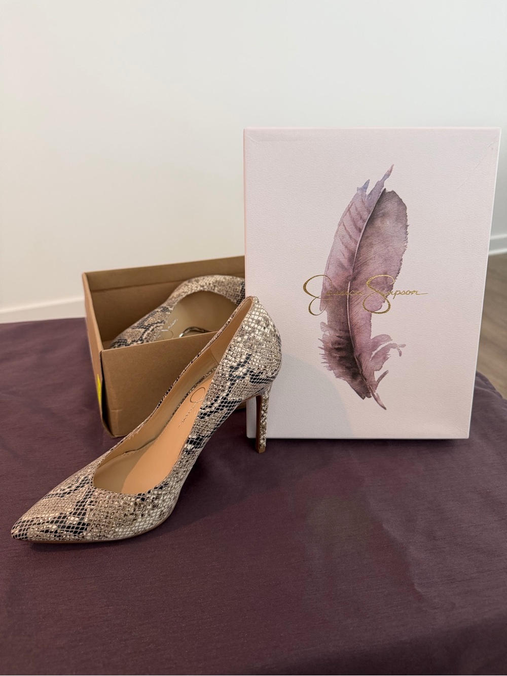Jessica Simpson Snakeskin Pointed Toe Stiletto Pumps in Beige and Gray